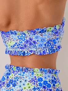 SHEIN Swim Mod 2pcs/Set Ditsy Floral Ruffled Bandeau Bikini Set, Beach & Summer - Blue - View 4