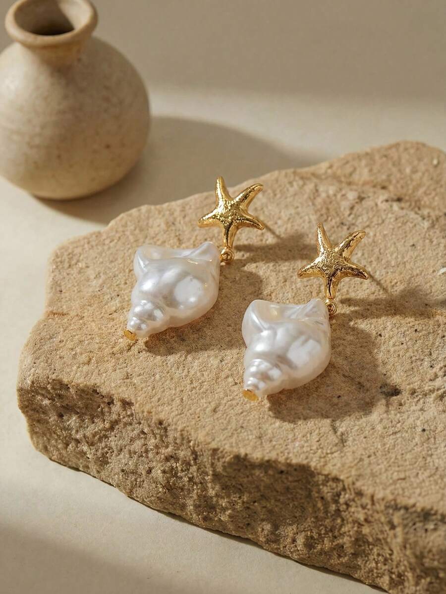 Arave Pendientes colgantes con forma de estrella de mar en baño de oro, joyería de playa de verano para mujer - pendiente de espiral de estrella de mar - Ver 1