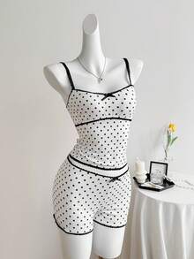 SHEIN PETITE Ensemble 2 pièces pour femmes composé d'un débardeur romantique en dentelle à pois blancs pour le printemps/été et d'un short confortable avec garniture en dentelle - Blanc - Voir 7