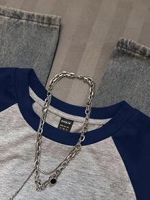 SHEIN Attitoon Áo thun nữ tay ngắn dáng ôm, cổ tròn, tay raglan, phối màu tương phản, phong cách retro thường ngày, thích hợp cho mùa hè. - Màu xanh lam - Xem 7