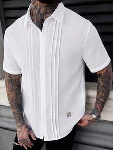 Manfinity Homme Men's Casual Short Sleeve Shirt With Pleated Side Hem And Patch Label, Solid Color White Button Shirt, Formal - White - View 7