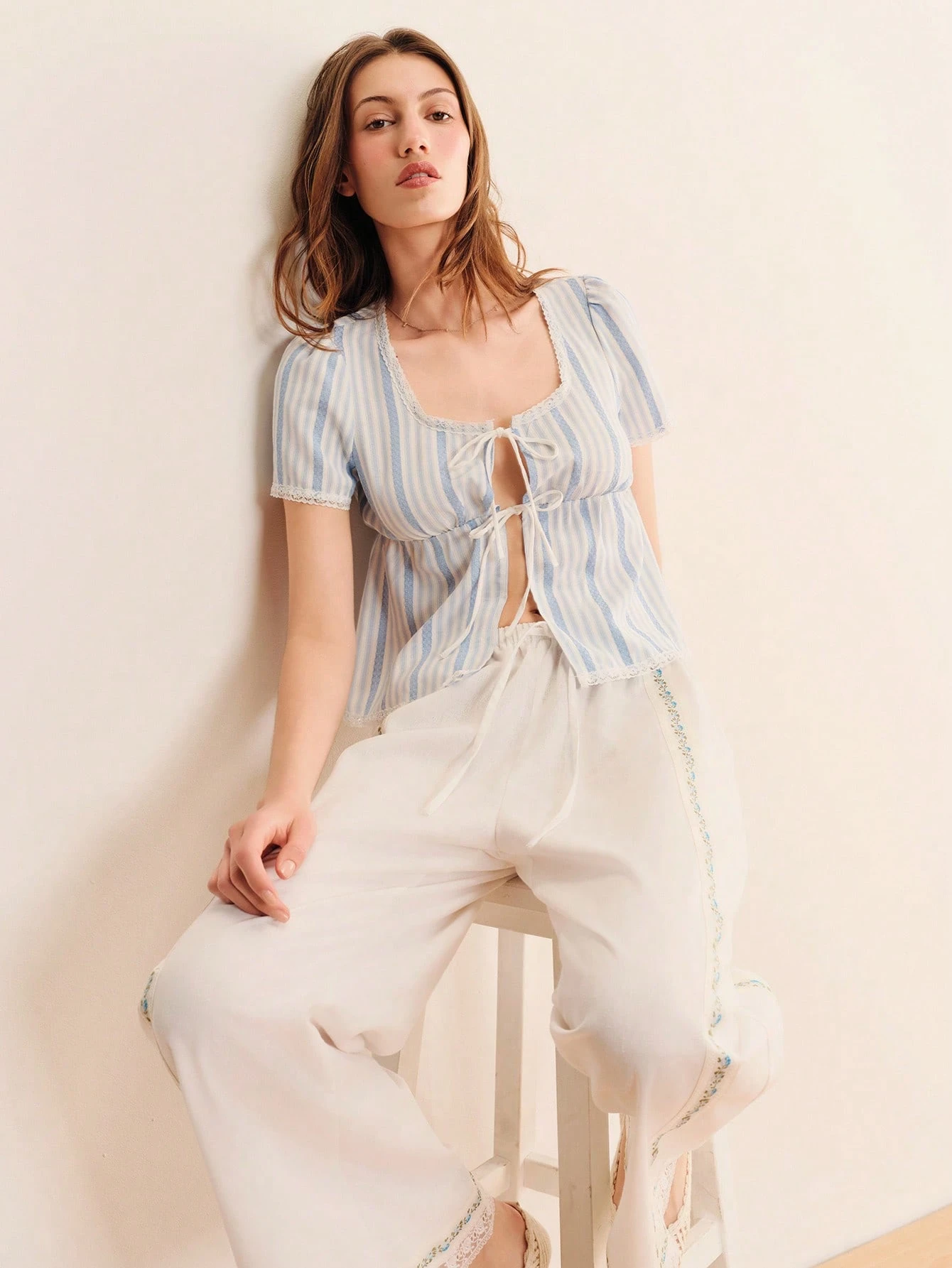 Light Blue Loose Fit Square Neck Striped Blouse With White Lace Trim, Puff Shoulders, Spring Summer Holiday Top Cute Going Out Blouse Casual Top French Style Striped Top
