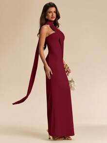 SHEIN BAE Đầm đuôi cá buộc dây vai bất đối xứng màu xanh lá cây trơn dành cho nữ, đầm xanh lá cây, đầm thanh lịch, đầm đi nghỉ mát, đầm phù dâu, đầm tốt nghiệp. - Màu Đỏ Sâu - Xem 6