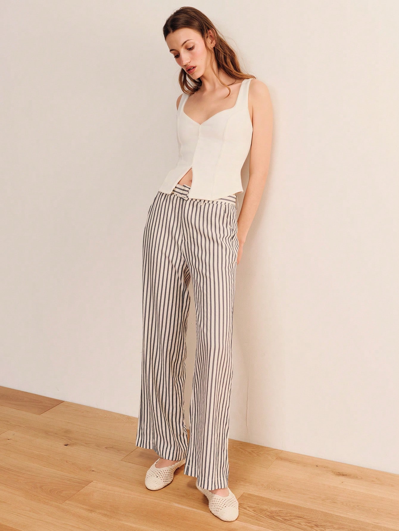 Black And White High-Waisted Striped Wide-Leg Pants With Self Fabric Belt And Buckle Spring Summer French Style Parisian Style Work Office Outfit Chic