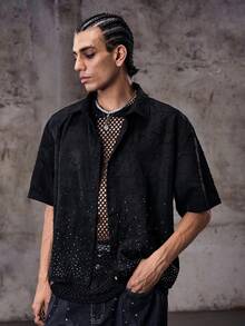 Skyrend Men's Casual Fashion Summer Vacation Jacquard Rhinestone Dropped Shoulder Loose Black Shirtemo - Black - View 5