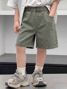 DAZY Quần short denim cho bé trai, cạp chun, có túi, kiểu dáng thường ngày, đa năng. - xanh quân đội - Xem 3