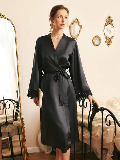 French Romantic Elegant Water-Soluble Lace Patchwork Satin Long Robe For Women