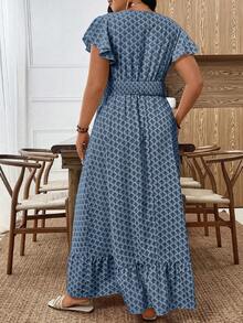 SHEIN Tall CURVE Đầm maxi tay ngắn xếp ly eo chun, kiểu dáng thanh lịch, phù hợp cho cả đi làm và đi nghỉ mát, chất liệu thoải mái, họa tiết hoa đa năng, màu trắng, cỡ lớn và cao. - Màu xanh hải quân - Xem 2