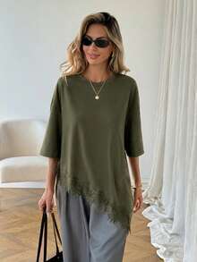 SHEIN LUNE Kaos Wanita Kasual Warna Polos dengan Hem Asimetris dan Patchwork Renda, Pakaian Sehari-hari Dasar untuk Musim Semi & Musim Panas, Atasan Musim Panas - Hijau Tentara - View 5