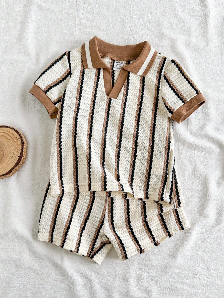 SHEIN Vintaside Kids Conjunto de bebé niño de verano con camisa de manga corta con cuello a rayas y pantalones cortos simples y versátiles, adecuado para salidas de verano, vacaciones o paseos diarios por el parque