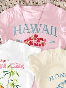 Set de 3 camisetas gráficas con estampado floral y de plantas de dopamina, en colores crema, albaricoque, crema y rosa, adecuadas para niñas preadolescentes, de cuello redondo, manga corta, ajustadas y minimalistas, ideales para uso diario, salidas y vacaciones en primavera/verano - Blanco - Ver 3