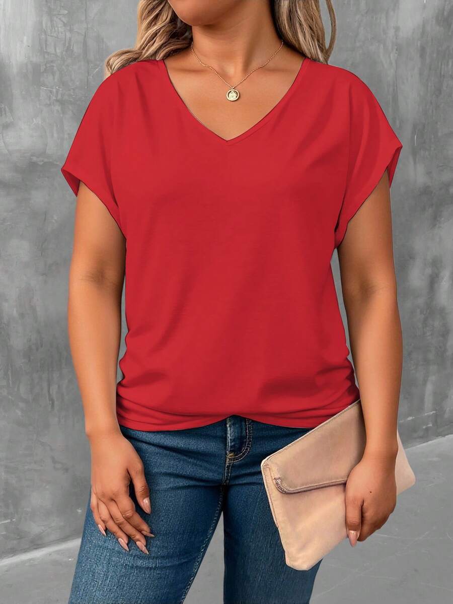 EMERY ROSE Red V-Neck Short Sleeve Plus Size T-Shirt, Plus Size T-Shirt, V-Neck Batwing Sleeve Design - Multicolor - View 1