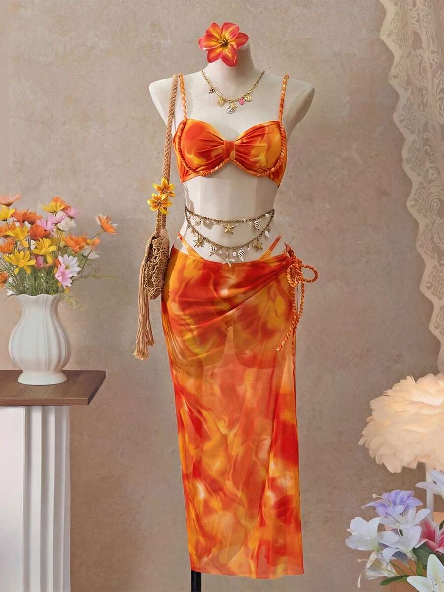 Bonvoyette 3件套女士扎染随机印花夏季性感吊带上衣、三角比基尼泳裤和裙子泳装套装 - 彩色 - 查看 1