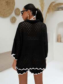EURMUSE Conjunto de camisa y suéter corto de mujer con cuello de solapa y botones delanteros de unicolor - Negro - Ver 2
