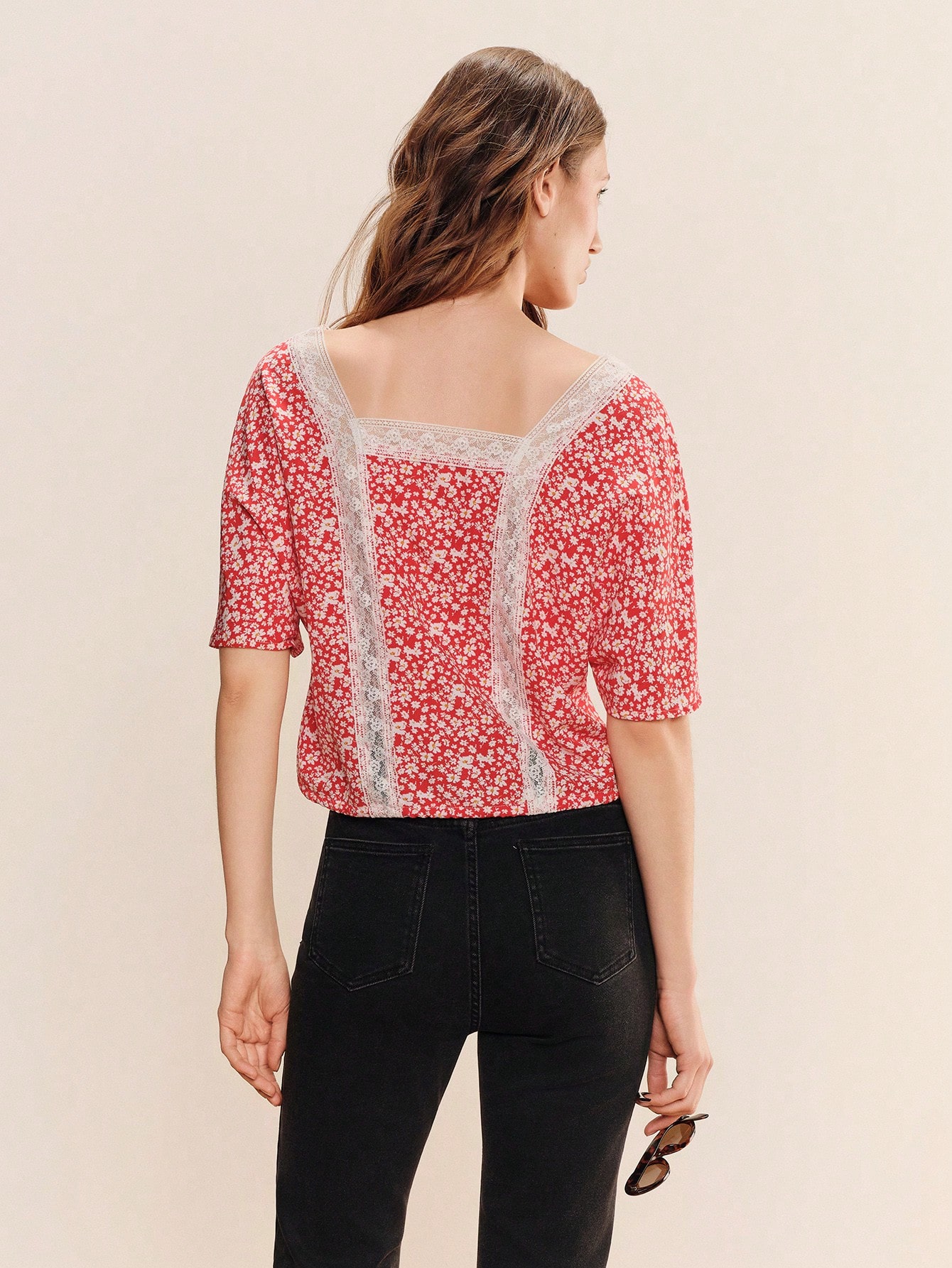 Red Floral-Print Top With A Square Neckline And White Lace Inserts Cute Spring Summer Style Work Top Holiday Top French Style Top Cute Summer Top