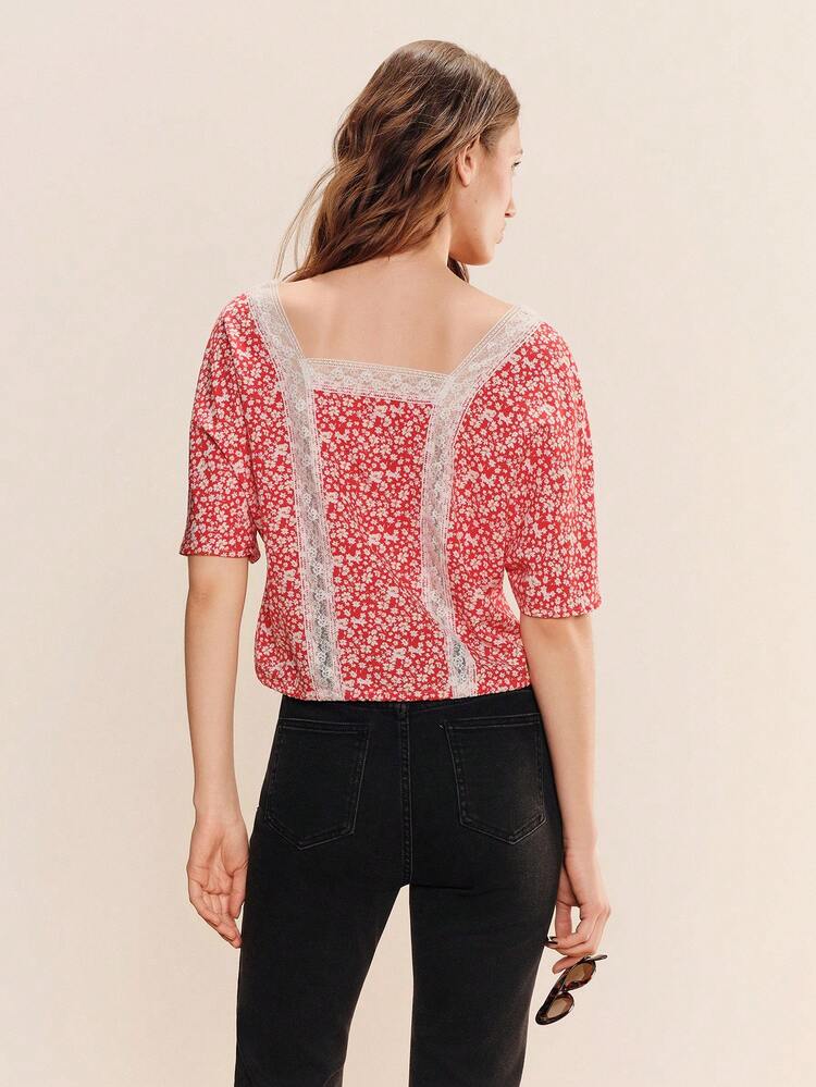 Red Floral-Print Top With A Square Neckline And White Lace Inserts Cute Spring Summer Style Work Top Holiday Top French Style Top Cute Summer Top