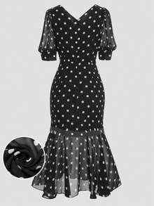SHEIN Clasi Vestido de manga media con dobladillo de cola de pez a lunares negros y blancos talla grande para mujer - Negro - Ver 2