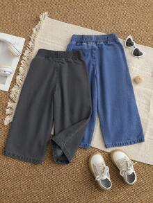 SHEIN 2件套女童百搭休闲直筒宽松牛仔裤，舒适柔软的牛仔面料，适合度假、外出、上学、通勤、聚会、居家穿着，轻盈时尚的浅蓝色牛仔布 - 彩色 - 查看 2