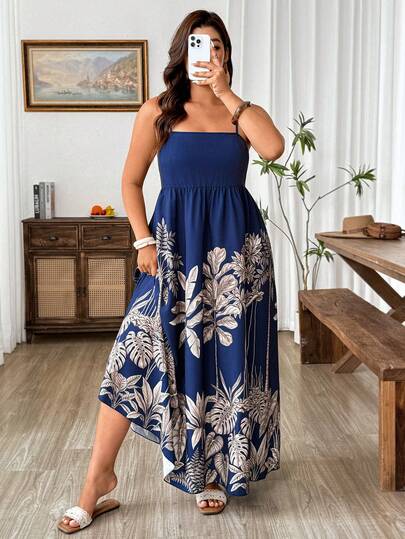 Weeklong Plus Size Women's Summer Beach Vacation Tropical Plant Print Cinched Waist Camisole Dress