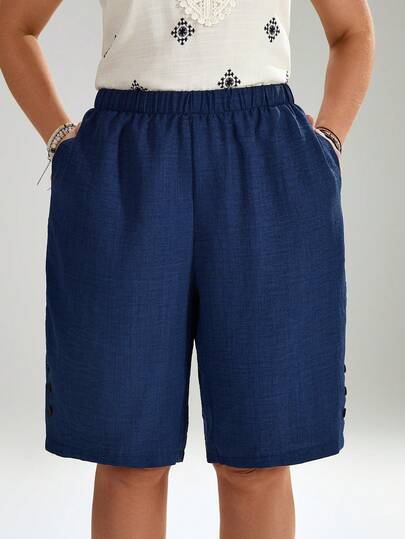 EMERY ROSE Pantaloni scurți casual până la genunchi pentru femei, mărime mare, stil stradal, moi și confortabili, cu buzunare, potriviți pentru ținute casual, festivaluri de muzică, primăvară și vară