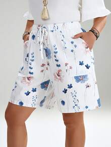 EMERY ROSE Plus Size Summer Floral Print Drawstring Waist Slant Pocket Shorts , Beach Summer For Women - White - View 6