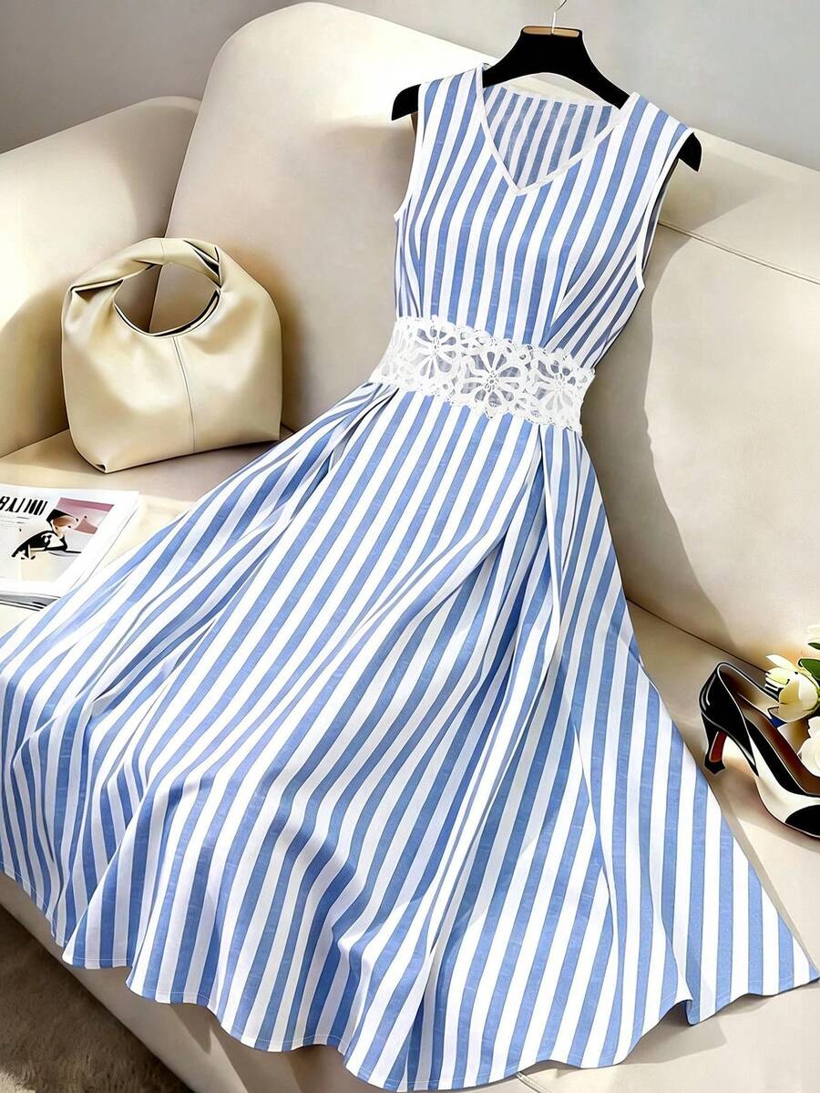 GlowEve Women's Shirred Striped Lace Hollow-Out Patchwork Dress - Multicolor - View 1