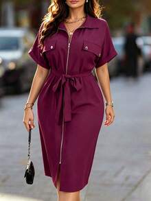 EMERY ROSE Plus Size Solid Color Zipper Belted Batwing Sleeve Summer Dress Maxi Women Outfit Shirt Dress For Women Curve Pirple Dress For Women New Arrival Dress For Women Casual Zanzea Dress For Women Plus Size Plus Size Dresses With Pockets Trending Outfits For Women Chic Dresses For Women Casual Dress For Women Purple Dress For Women - Red Violet - View 1