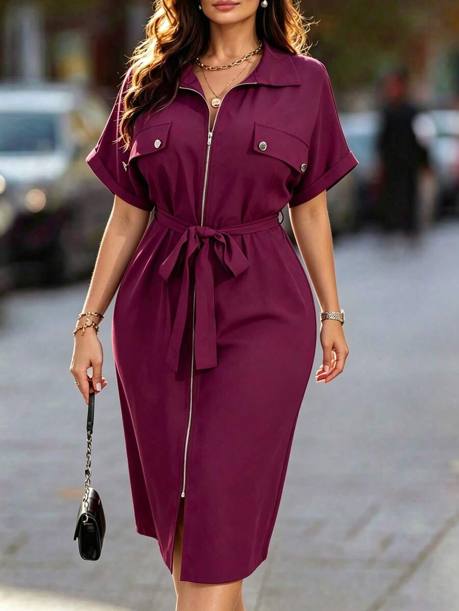 EMERY ROSE Plus Size Solid Color Zipper Belted Batwing Sleeve Summer Dress Maxi Women Outfit Shirt Dress For Women Curve Pirple Dress For Women New Arrival Dress For Women Casual Zanzea Dress For Women Plus Size Plus Size Dresses With Pockets Trending Outfits For Women Chic Dresses For Women Casual Dress For Women Purple Dress For Women - Red Violet - View 1