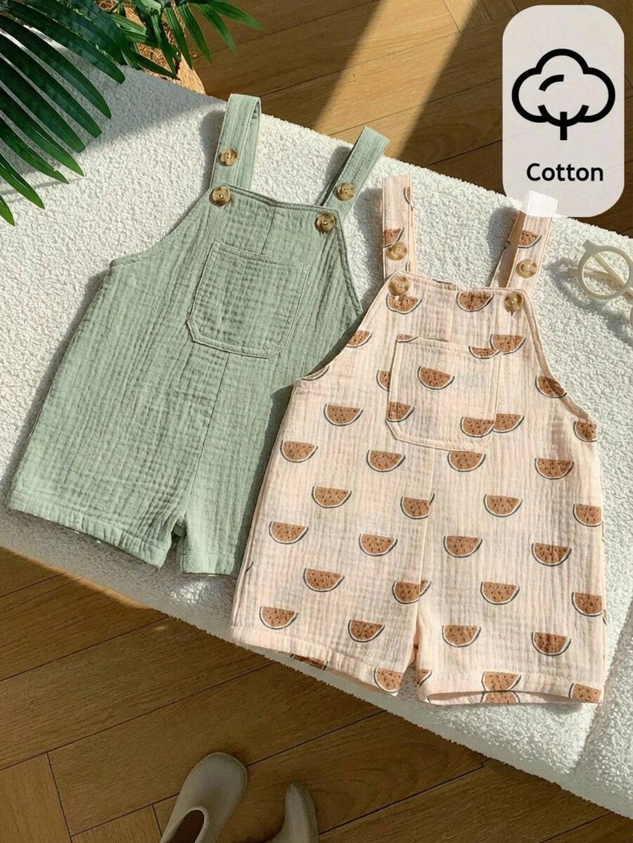 SHEIN Bộ 2 áo liền quần cho bé trai và bé gái, họa tiết dưa hấu và màu xanh lá cây, chất liệu crepe, thích hợp cho các hoạt động thường ngày mùa xuân/hè, du lịch, nghỉ mát. - Nhiều màu - Xem 1