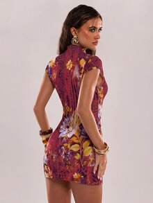 SHEIN BAE Women's Floral Print Hollow Out Design Cap Sleeve Fitted Mini Dress - Redwood - View 2