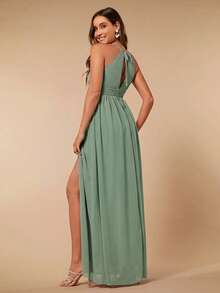 SHEIN Belle Solid Color Halter Neck Bridesmaid Dress With High Slit, Elegant Dress - Green - View 2