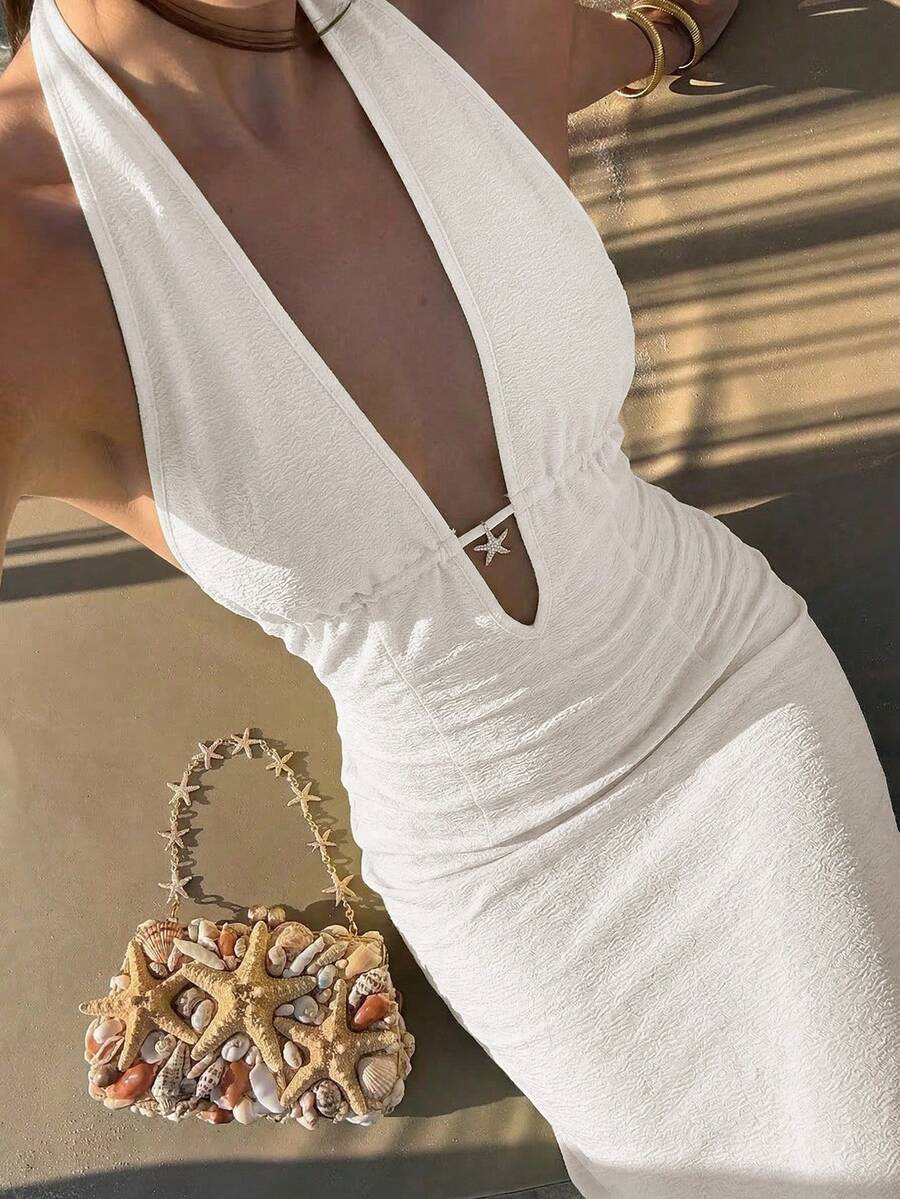 Sunnyshic Đầm dài dáng chữ A cổ chữ V hở lưng thắt eo dành cho nữ, vải jacquard màu vàng, thanh lịch và dễ thương, thích hợp cho mùa xuân/hè, đi nghỉ mát, đi biển, hẹn hò hoặc mặc hàng ngày. - trắng - Xem 1