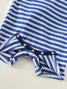 SHEIN 3pcs Set Pakaian Bayi Laki-laki Baru Lahir Musim Panas Motif Garis-garis Lucu, Romper Rajut Tanpa Lengan dan Celana Pendek Dasar - MultiWarna - View 6