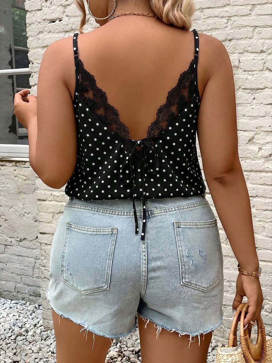 SHEIN Frenchy 纹理后背系带度假加大码女式背心 - 黑與白 - 查看 1