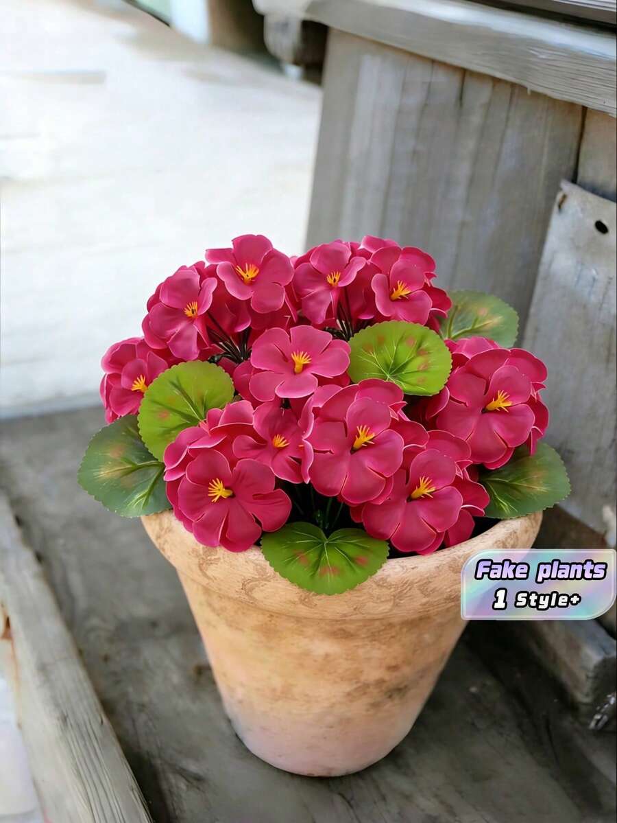 Artificial Geranium Flower, Silk Geranium, Outdoor UV Protection White Artificial Geranium Floral Bunch, Fake Plant Potted Decor For Home, Balcony, Vase, Tabletop - Deep Rose - View 1