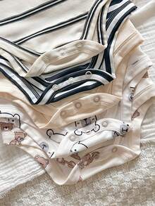 SHEIN Bộ 15 món áo liền quần và mũ dệt kim họa tiết gấu sọc dễ thương cho bé gái sơ sinh. - Màu be - Xem 3