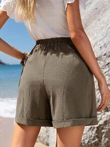 Sylviya Petite Quần short nữ màu trơn, kiểu dáng thường ngày, thích hợp cho mùa hè. - xanh quân đội - Xem 2