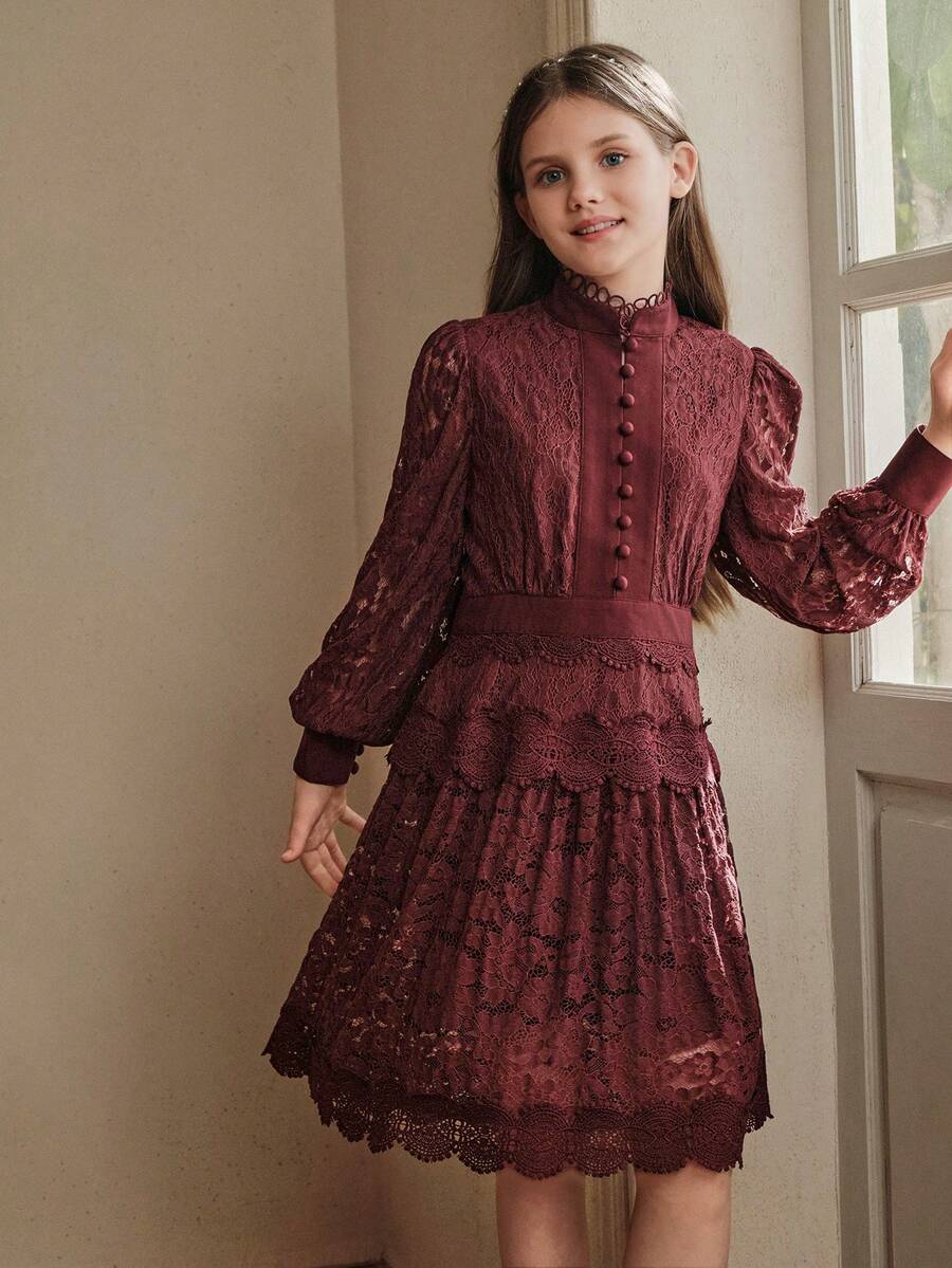 Đầm ren dài tay màu đỏ tía thanh lịch dành cho bé gái, thích hợp cho mùa xuân/hè. - Màu Đỏ Sâu - Xem 1