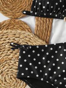 SHEIN Ensemble de tankini pour filles pré-adolescentes avec bretelles spaghetti, motif à pois noirs, décoration en nœud papillon. Tenue de plage décontractée pour les vacances - Noir - Voir 6