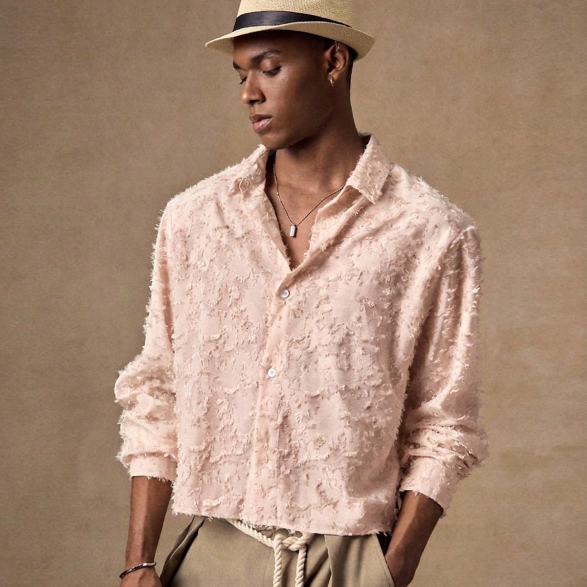Camisa casual de manga larga con cuello, de tela blanca tejida con estampado floral jacquard, adecuada para verano, otoño, vacaciones, uso diario, fi