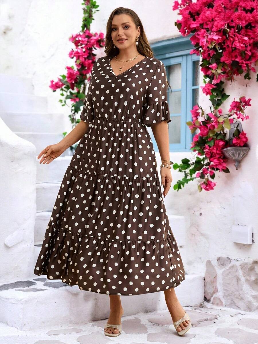 EMERY ROSE Vestido Elegante de Manga Curta com Decote em V e Bolinhas para Mulheres Plus Size - Multicolorido - Visão 1