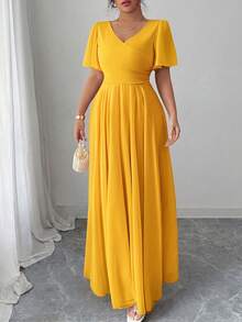 Elenzga Plus Size Women's V-Neck A-Line Chiffon Dress With Ruffle Sleeves, Simple Elegant And Romantic - Orange - View 3