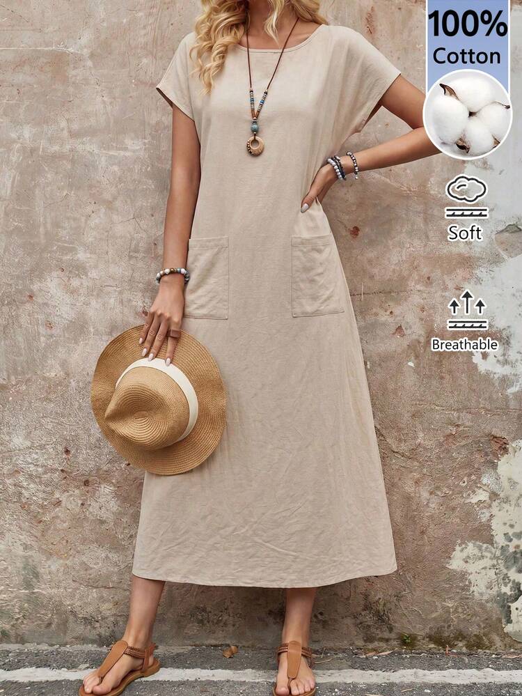 Women's Solid Color Pocket Round Neck Casual Short Sleeve Dress Summer Dress Summer Outfits Summer Dresses For Women Casual Dresses For Women Casual Women's Dresses Cotton Dresses For Women Neutral Dresses For Women Pure Cotton Dress