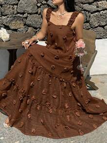 Sunnyshic Plus Size Square Neck Spaghetti Strap A-Line Dress, Vacation Style - Brown - View 3