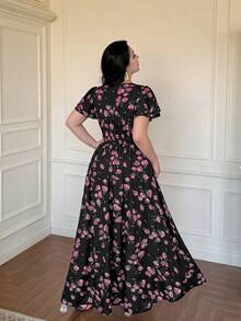 Vibekara Nuevo vestido de verano elegante con parches de encaje negro y cintura ceñida que reduce la edad - Negro 2 - Ver 2