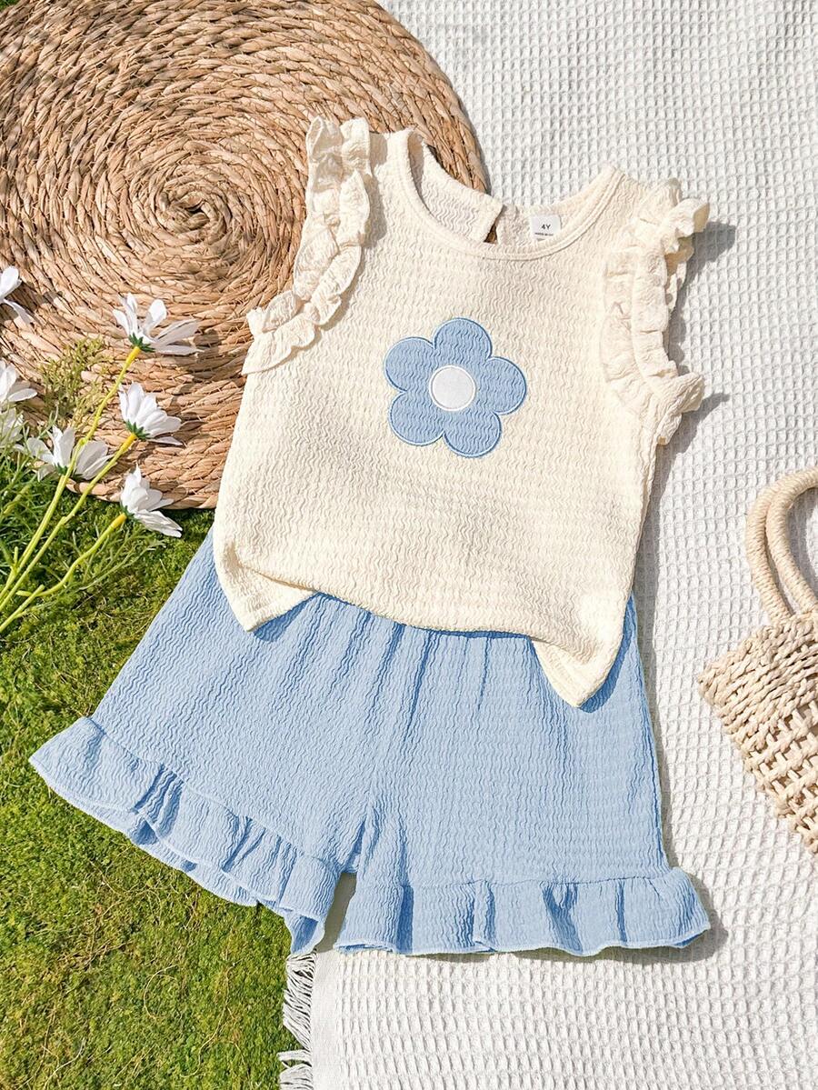 SHEIN Vintaside Kids 女童(小号)针织提花象牙色荷叶边吊带背心和粉色荷叶边短裤套装,可爱迷人的宝宝夏季服装 - 彩色 - 查看 1