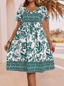 EMERY ROSE Vestido de manga corta con cuello en V y estampado floral para tallas grandes de verano - verde menta - Ver 5