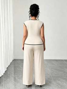 Women's Knit Blouse With A Square Neckline, Petal Sleeves, And A Fitted Waist, Featuring Contrasting Trim. A Comfortable And Versatile Outfit Perfect For Everyday Wear Or Lounging At Home. - 彩色 - 查看 2