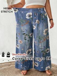 SHEIN CURVE+ 大码女式条纹弹力腰阔腿宽松休闲裤，适合夏季/乡村/海滩度假穿着，也适合海滩休闲穿着。 - 彩色 - 查看 1