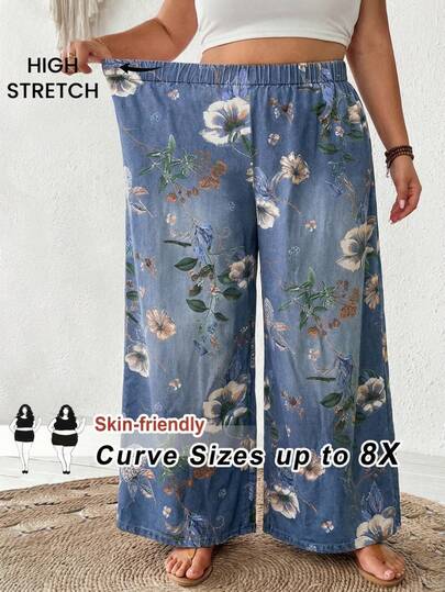 SHEIN CURVE+ Quần ống rộng dáng suông kẻ sọc cạp chun dành cho nữ cỡ lớn, thích hợp cho mùa hè/mùa hè đi nghỉ mát ở quê/bãi biển/trang phục đi biển.